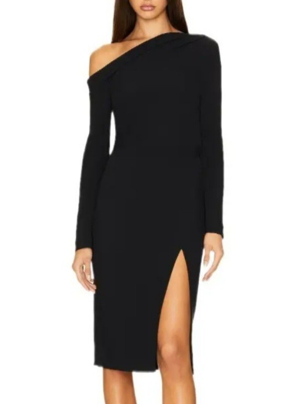 Theory Asym Off-Shoulder Midi Dress Size 8 Black Asymmetrical Long Sleeve Party